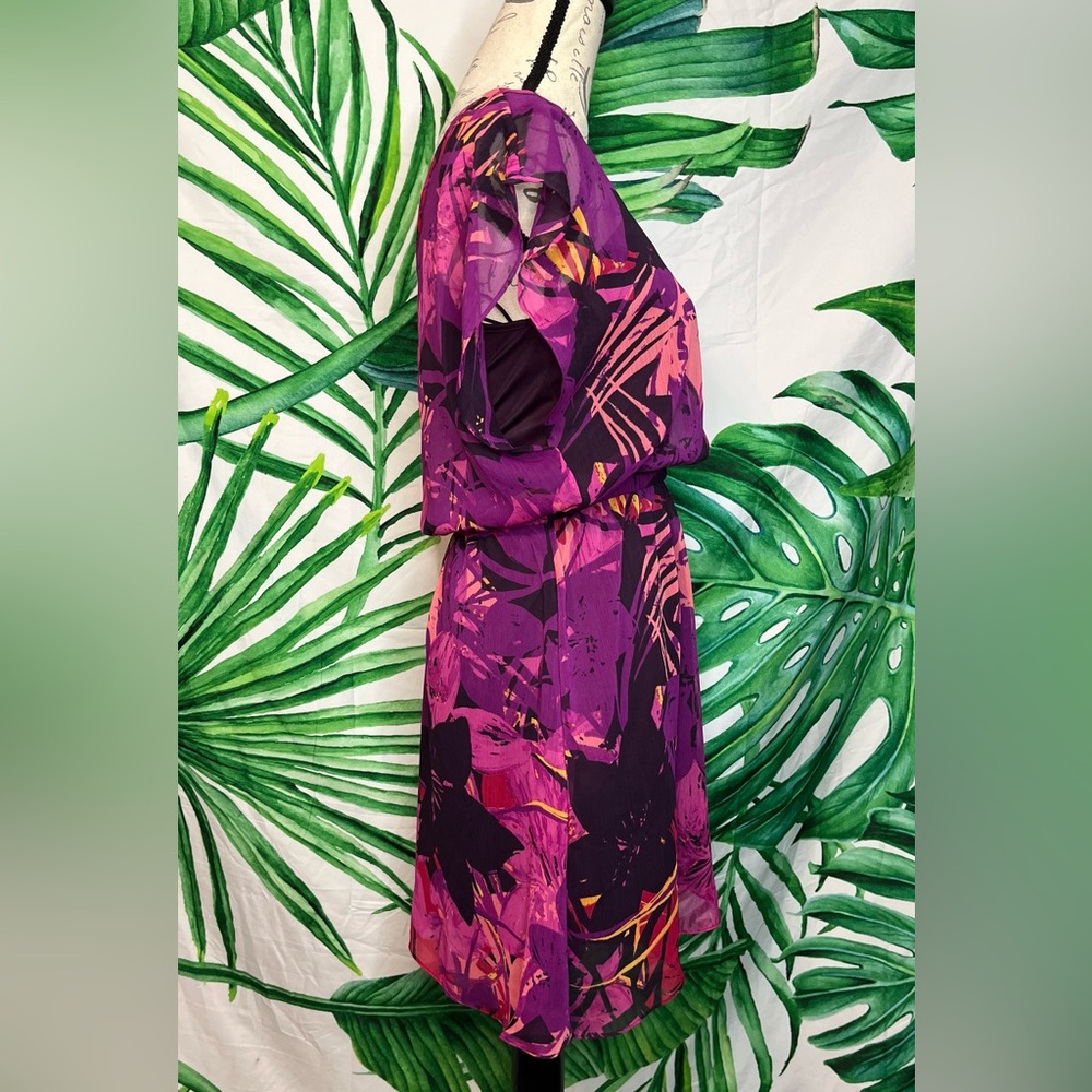 Express S Pink Purple Floral Colorful Layered Casual Spring Summer Dress - Picture 3 of 14